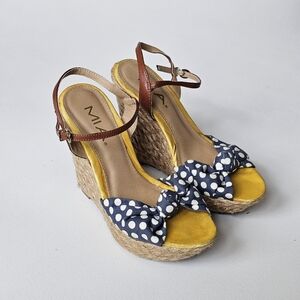 MIA Polka Dot Bow Espadrille Wedge Sandals Size 7 Yellow Blue Rope Platform